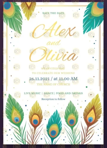 Beautiful Wedding Invitation Adorned With Colorful Peacock Feathers, Showcasing A Luxurious And Festive Design